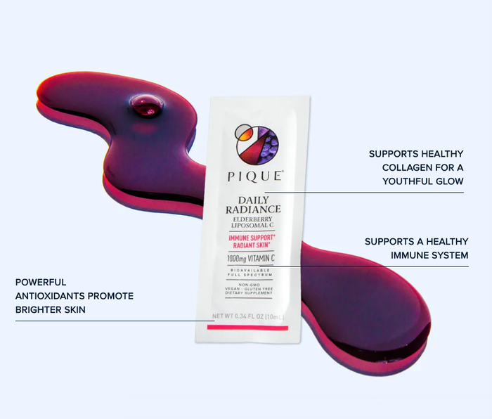 Pique Daily Radiance Elderberry supplement packet with displayed benefits of antioxidants, collagen support, and immune support.