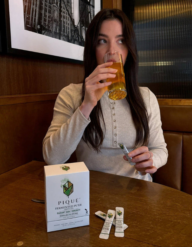 “Pique's fermented Pu'er helps my body prep for digestion ahead of eating, reducing bloating from my busy days. Green Pu'er nourishes gut diversity with clean, focused energy. Black Pu'er packs naturally occurring pre-, pro-, and postbiotics for gut nourishment.”