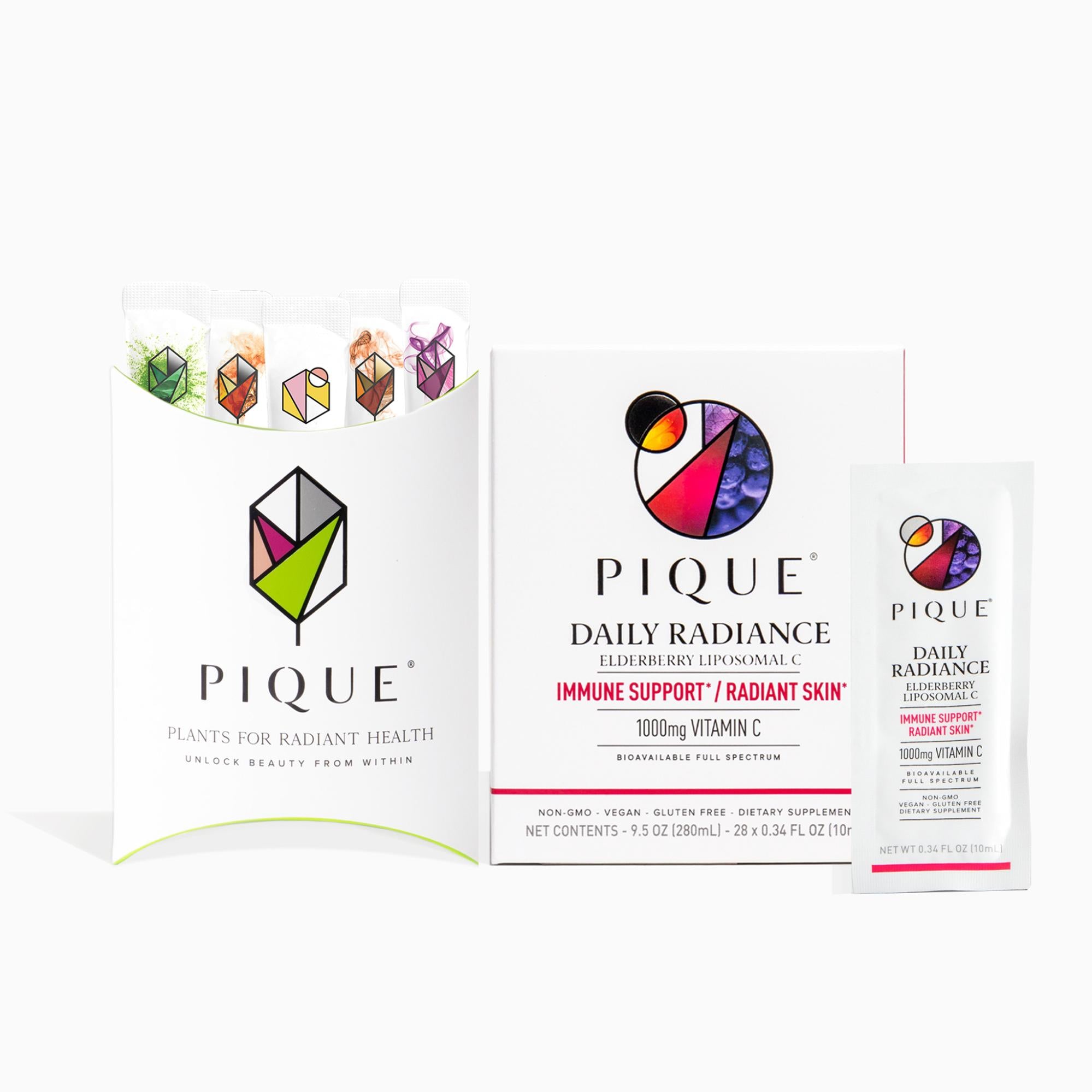 Boxes of Pique Daily Radiance Elderberry Liposomal C dietary supplements, including individual sachets.